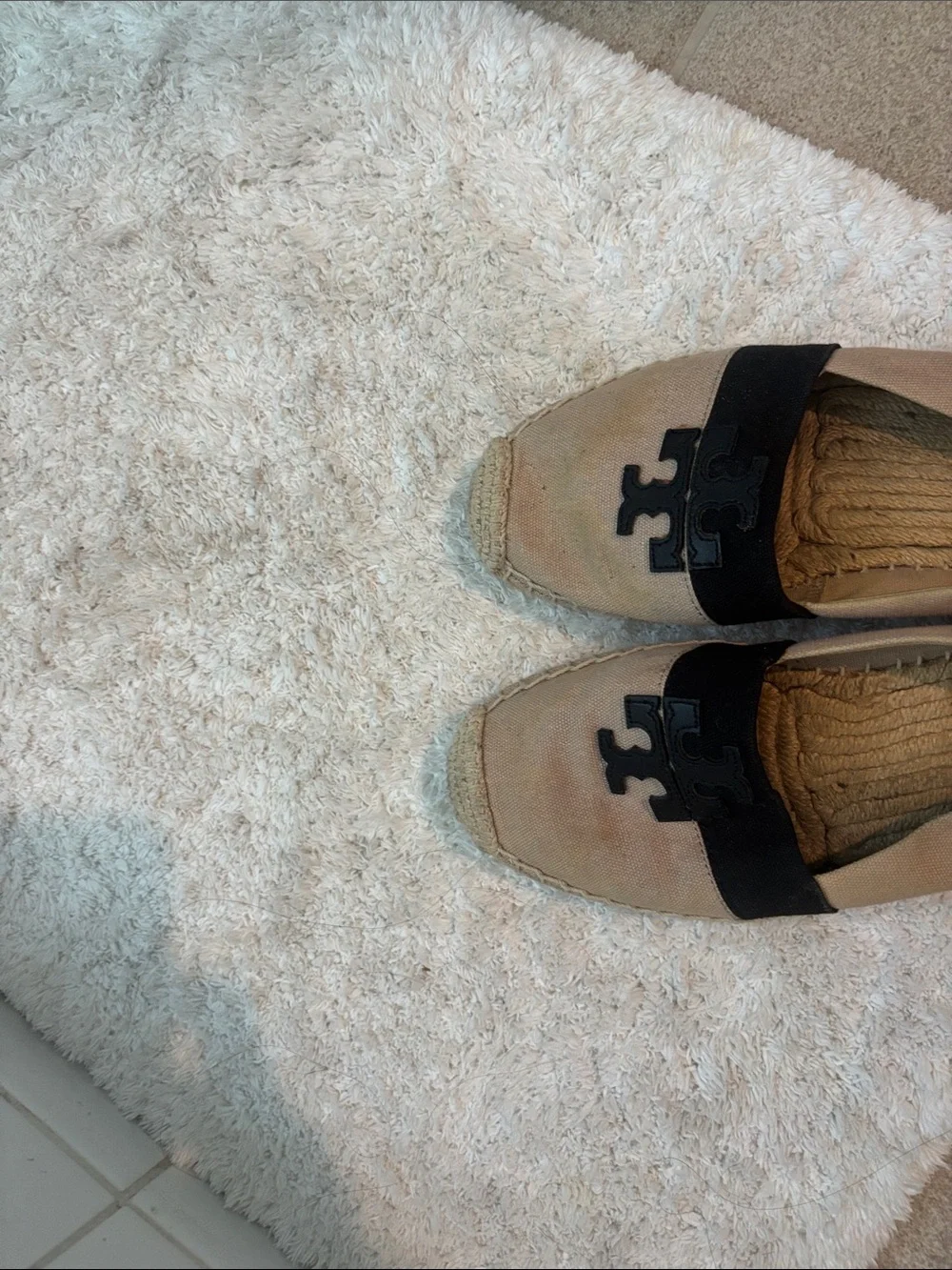 Tory Burch Tan Canvas Espadrille Flats with Black Logo Band